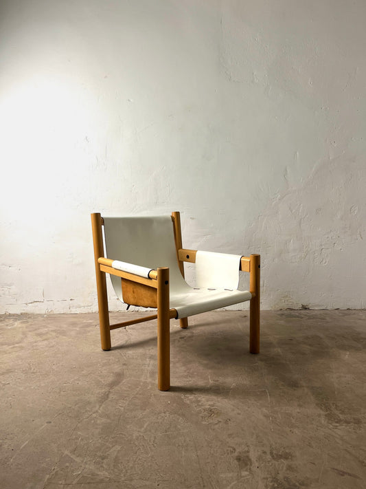 Fauteuil Safari cuir blanc par Ibisco, design Italien, années 1970