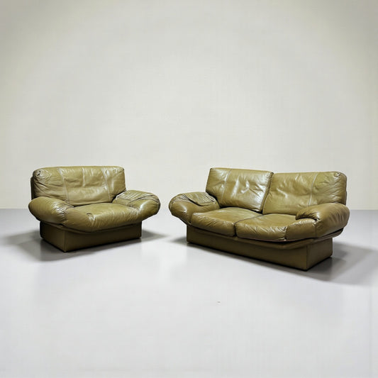 Ensemble vintage canapé + fauteuil cuir Henry Sooner vert olive, 1970-80